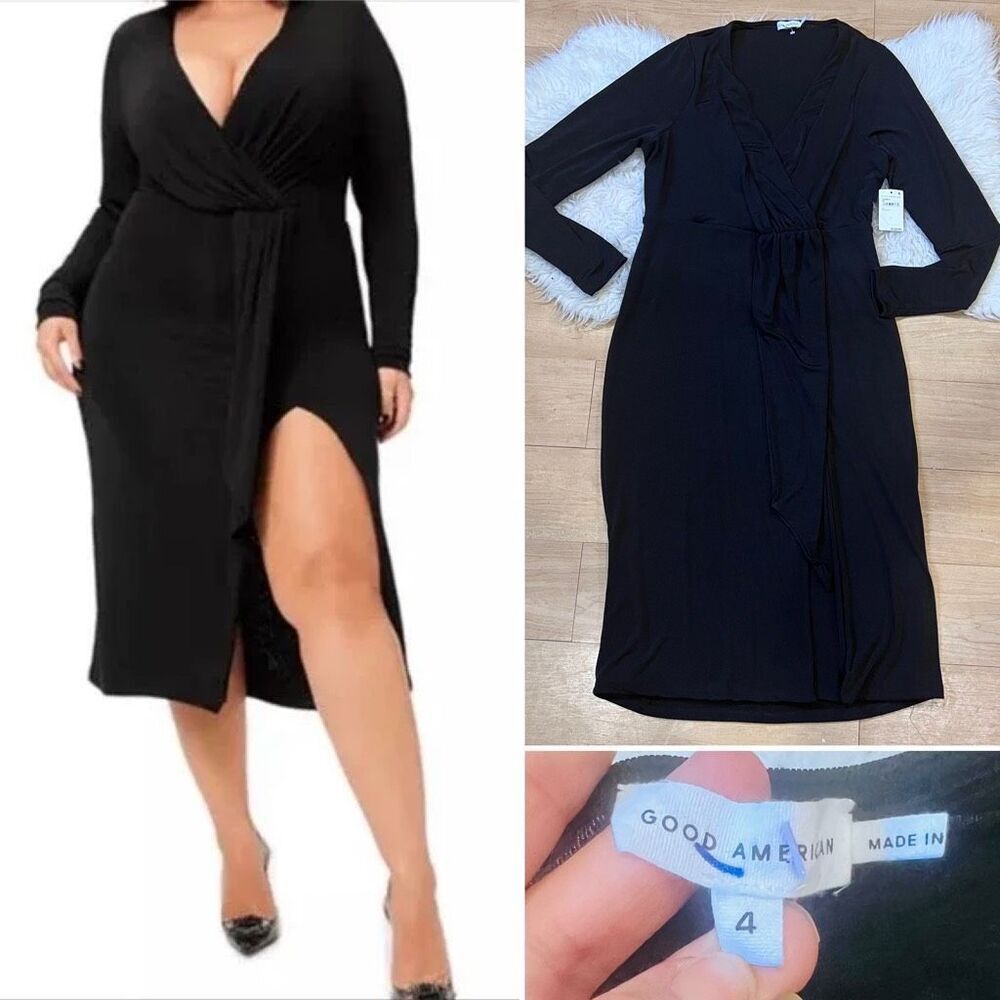 Good American Good Touch Wrap Dress Black Long Sleeve size 4 plus size